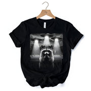 Funny Raccoon UFO T-Shirt, Unisex Black Tee for Space Lover 