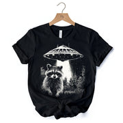 Funny UFO Raccoon T-Shirt, Black Unisex Tee for Alien Enthusiasts 