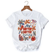 Hey Batter Batter Swing T-Shirt, Retro White and Natural Baseball Tee with Floral Accents 