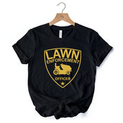 Lawn Enforcement Officer T-Shirt, Funny Badge Style Navy and Black Tee for Lawn Mower Gardener Dad 
