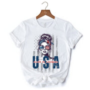 Made in America Messy Bun T-Shirt, Retro 4th of July White Patriotic Tee 