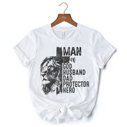 Man of God Lion Cross T-Shirt, White Tee for Faithful and Christian Fathers 
