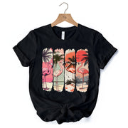 Summer Flamingo Beach T-Shirt, Retro Vacation Black Tropical Sunset Tee 