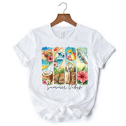 Summer Vibes T-Shirt, White and Natural Beach Tee with Coconut and Flowers 