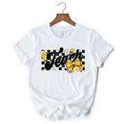 Teach Checkered Coquette Bow T-Shirt, White and Natural Retro Tee for Trendy Teachers 