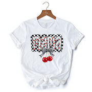 Checkered Cherry Disco Mama T-Shirt, White and Natural Coquette Bow Tee for Trendy Mothers 