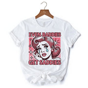 Even Baddies Get Saddies T-Shirt, Retro Crying Girl Pop Art White Tee for Stylish and Emotional Women 