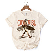 Cowgirl Summer Surf T-Shirt, Retro Western Beach White and Natural Tee for Free-Spirited Women 