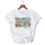 Floral Mama Checkered T-Shirt, White, Natural and Black Retro Tee for Stylish Mothers 