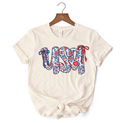 Floral USA Patriotic T-Shirt, 4th of July White, Natural and Black Tee for Stylish Women 
