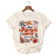 Hey Batter Batter Swing T-Shirt, Retro White and Natural Baseball Tee with Floral Accents 