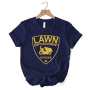 Lawn Enforcement Officer T-Shirt, Funny Badge Style Navy and Black Tee for Lawn Mower Gardener Dad 