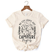No City Lights Just Campfire Nights T-Shirt, White and Natural Camping Tee for Stargazing Campers 