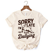 Sorry I'm Late Funny Lamb T-Shirt, Retro Dilly Dallying White and Natural Tee for Quirky Women 