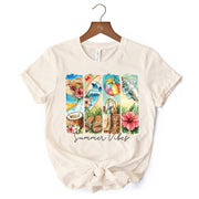 Summer Vibes T-Shirt, White and Natural Beach Tee with Coconut and Flowers 