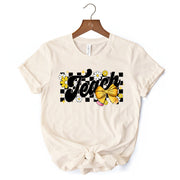 Teach Checkered Coquette Bow T-Shirt, White and Natural Retro Tee for Trendy Teachers 