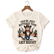 You've Just Buttered Your Last Biscuit T-Shirt, Cute Cowboy Cat Western Retro White and Natural Tee for Country Style Lovers 