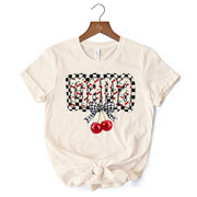 Checkered Cherry Disco Mama T-Shirt, White and Natural Coquette Bow Tee for Trendy Mothers 