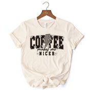 Coffee Makes Me Nicer Retro T-Shirt, Trendy White and Natural Tee for Stylish Women and Caffeine Lovers 