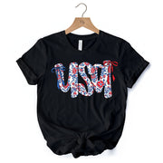 Floral USA Patriotic T-Shirt, 4th of July White, Natural and Black Tee for Stylish Women 
