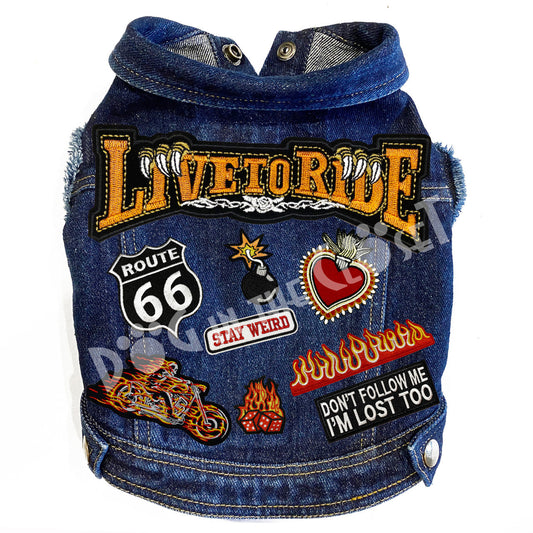 Live to Ride Big Biker Denim Dog Jacket for dogs