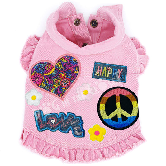 Peace, Love, & Happiness Denim Dog Jacket for dogs