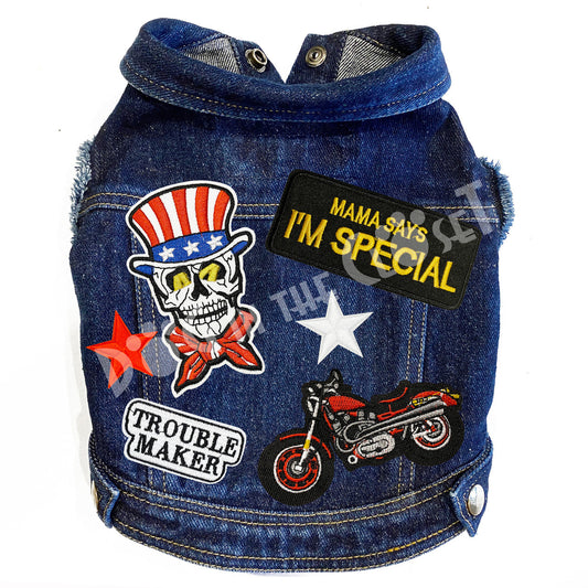 Patriotic Trouble Maker Denim Dog Jacket for dogs