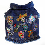 Sugar Skulls Galore Denim Dog Jacket Pink Denim with Ruffles