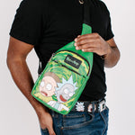 Rick and Morty Bag, Sling, Rick and Morty Get Schwifty Portal Pose Greens, Bounding, Vegan Leather