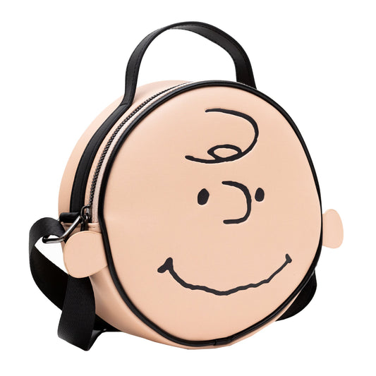 Peanuts Vegan Leather Round Crossbody Bag with Adjustable Straps, Charlie Brown Smiling Face Character Close Up
