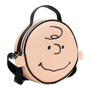 Peanuts Vegan Leather Round Crossbody Bag with Adjustable Straps, Charlie Brown Smiling Face Character Close Up