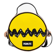 Peanuts Vegan Leather Round Crossbody Bag with Adjustable Straps, Charlie Brown Smiling Face Character Close Up