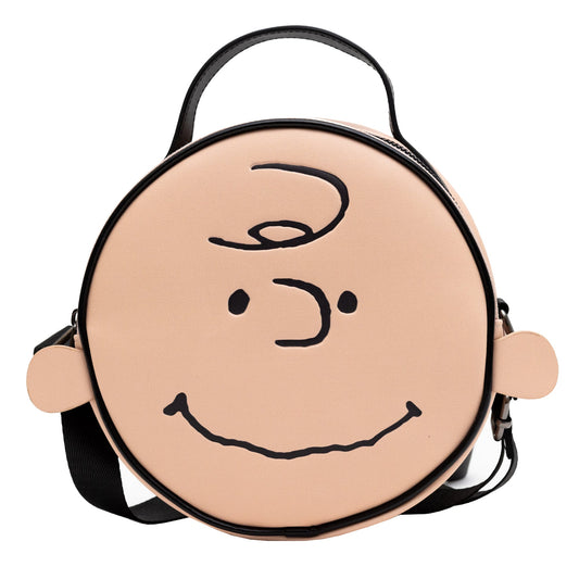 Peanuts Vegan Leather Round Crossbody Bag with Adjustable Straps, Charlie Brown Smiling Face Character Close Up