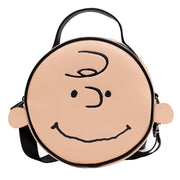 Peanuts Vegan Leather Round Crossbody Bag with Adjustable Straps, Charlie Brown Smiling Face Character Close Up