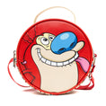 Load image into Gallery viewer, Nickelodeon Vegan Leather Round Crossbody Bag with Adjustable Straps, Ren and Stimpy Character Face Close Up Appliques, Red Beige
