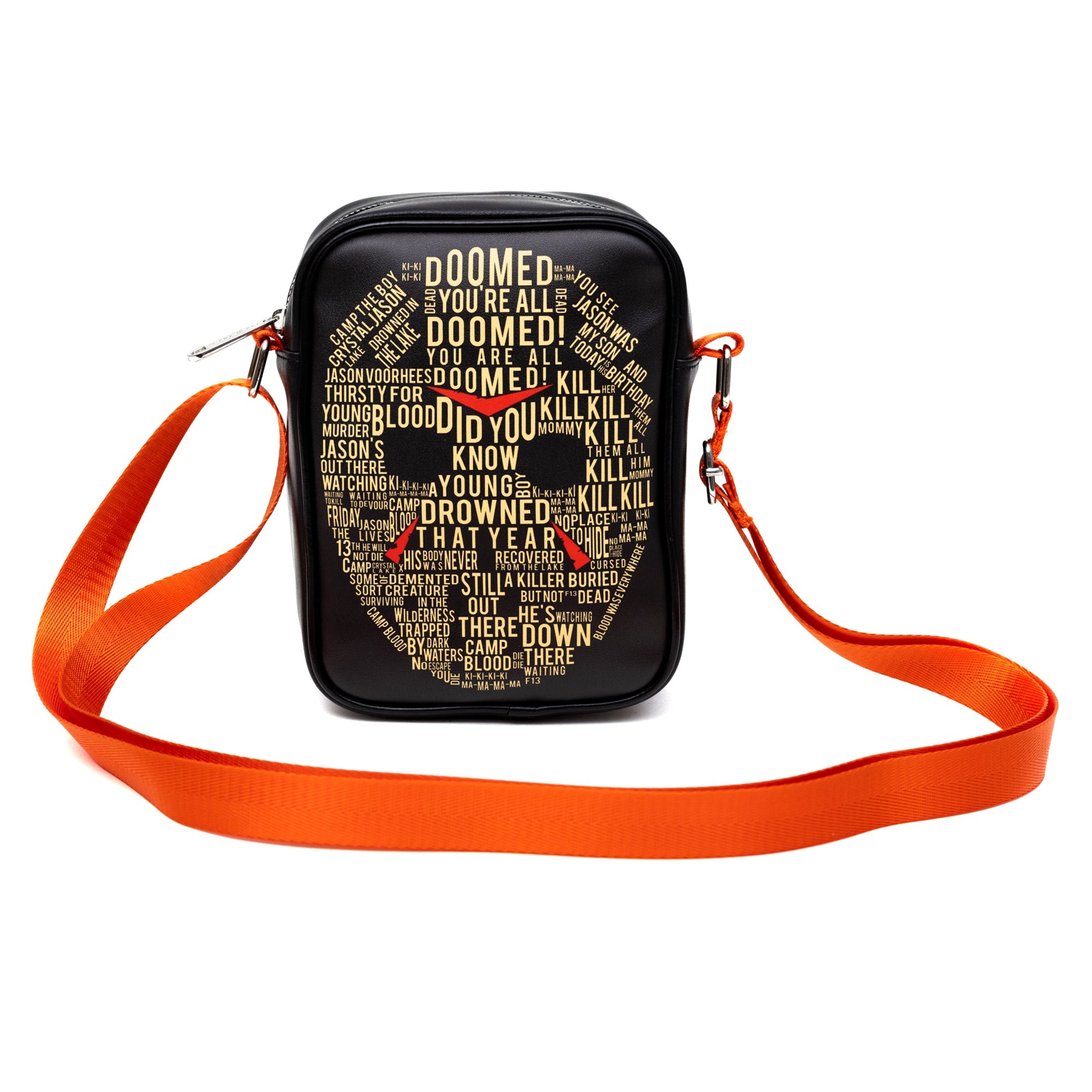 Horror Movies Vegan Leather Cross Body Backpack for Men and Women with Adjustable Strap, Friday the 13th Jason Hockey Mask Quotes Typography Black