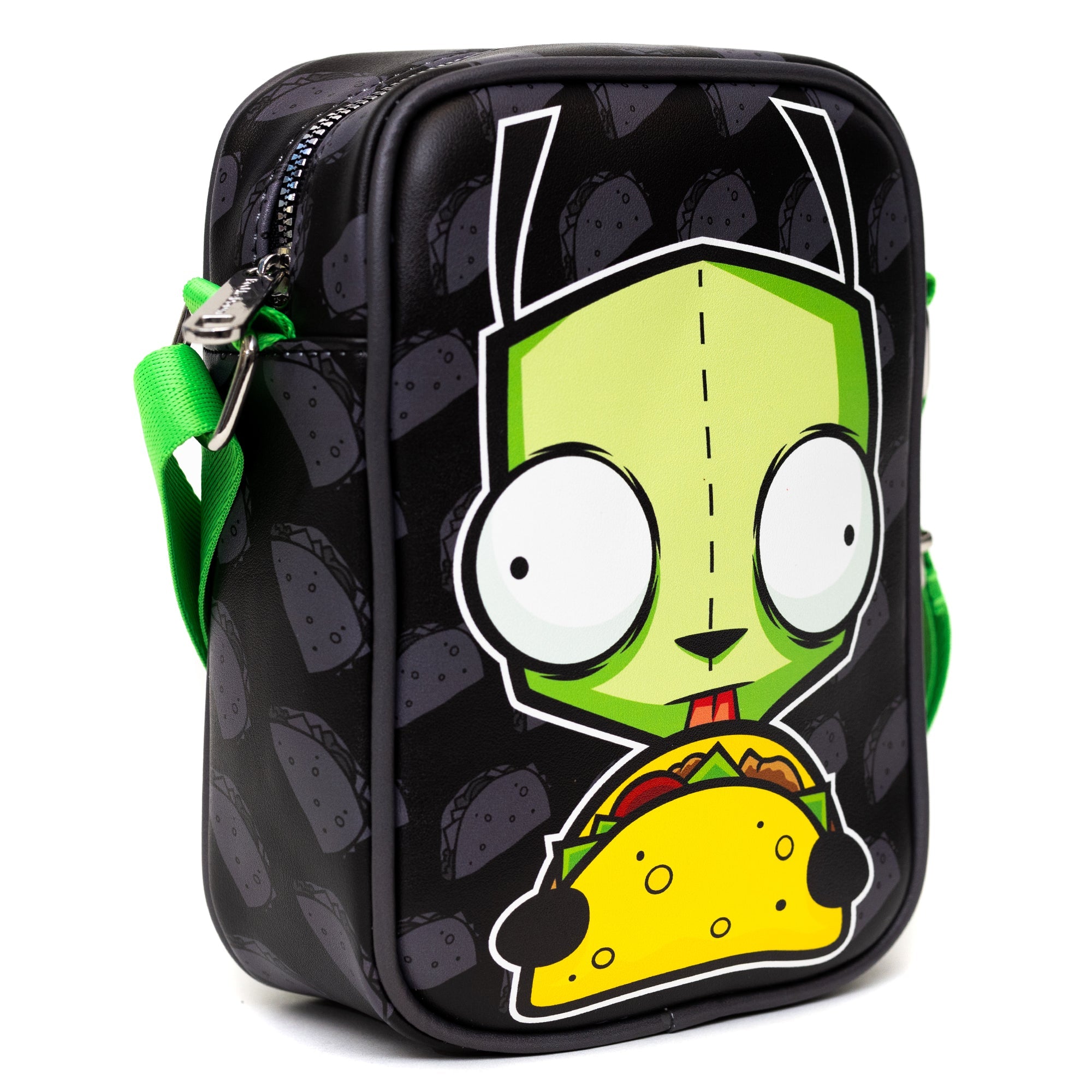 Nickelodeon Bag, Cross Body, Invader Zim GIR Taco Pose With Taco Print Black Gray, Vegan Leather