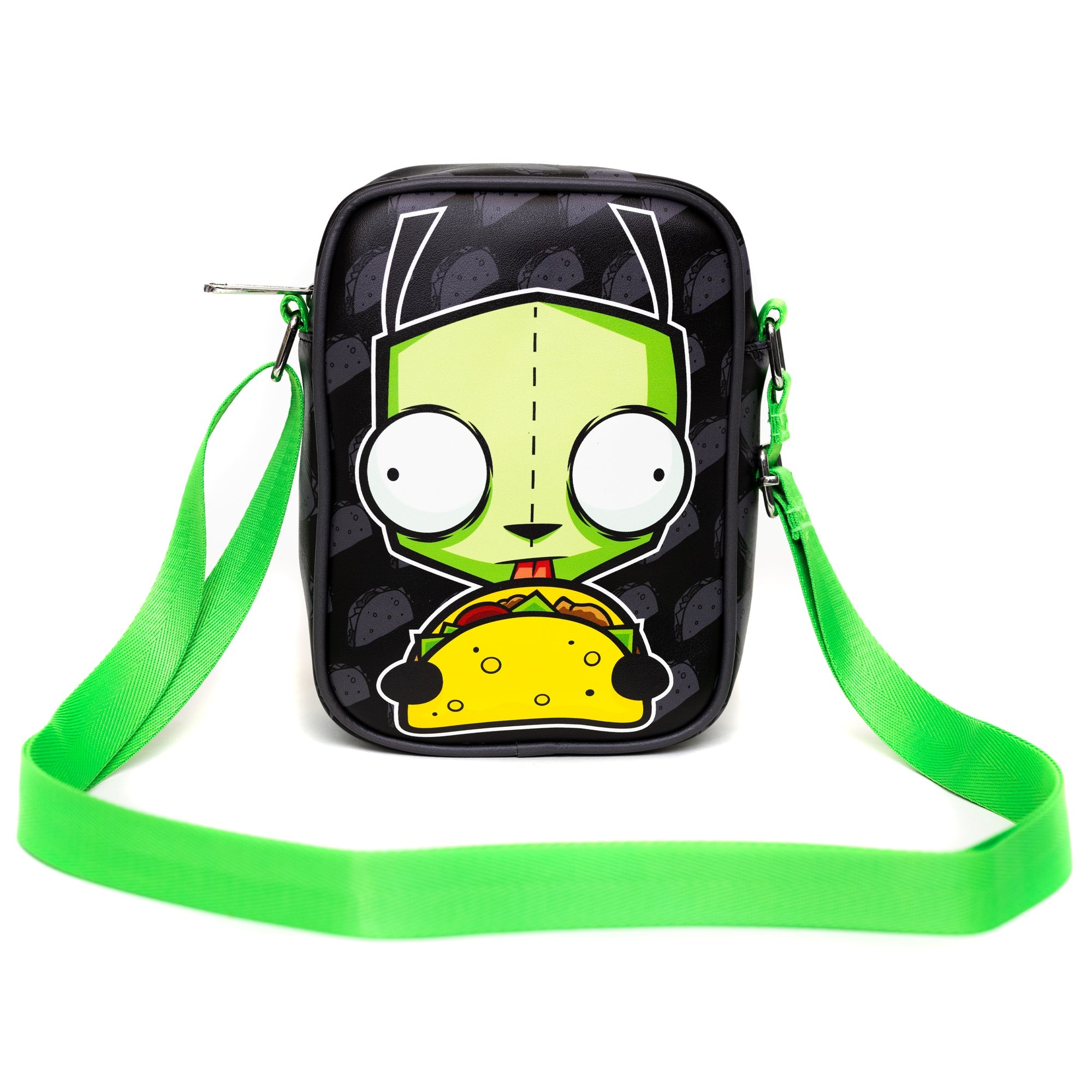 Nickelodeon Bag, Cross Body, Invader Zim GIR Taco Pose With Taco Print Black Gray, Vegan Leather