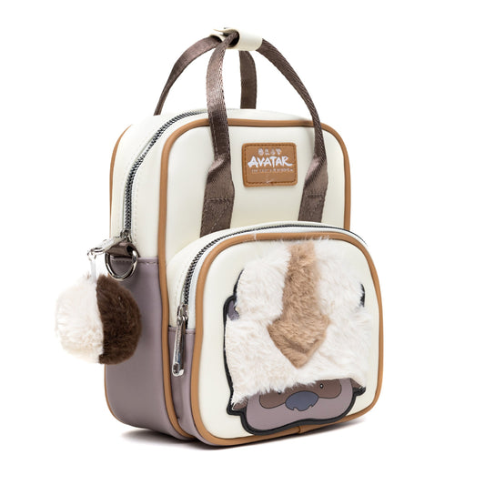 Nickelodeon Vegan Leather Cross Body Backpack for Men and Women with Adjustable Strap, Avatar Appa Furry Face and YIP! YIP! Text Debossed Tan