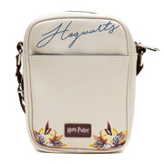Harry Potter Vegan Leather Round Crossbody Bag with Adjustable Straps, Hogwarts Floral Fantasy Off White
