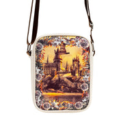 Harry Potter Vegan Leather Round Crossbody Bag with Adjustable Straps, Hogwarts Floral Fantasy Off White