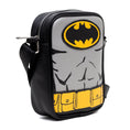 Load image into Gallery viewer, DC Comics Vegan Leather Round Crossbody Bag with Adjustable Straps, Batman Character Close Up with Bat and Belt Appliques, Black and Grey
