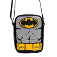 Load image into Gallery viewer, DC Comics Vegan Leather Round Crossbody Bag with Adjustable Straps, Batman Character Close Up with Bat and Belt Appliques, Black and Grey
