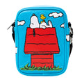 Load image into Gallery viewer, Peanuts Bag, Crossbody, The Secret of Life Snoopy and Woodstock Dog House Pose, Blue, Vegan Leather
