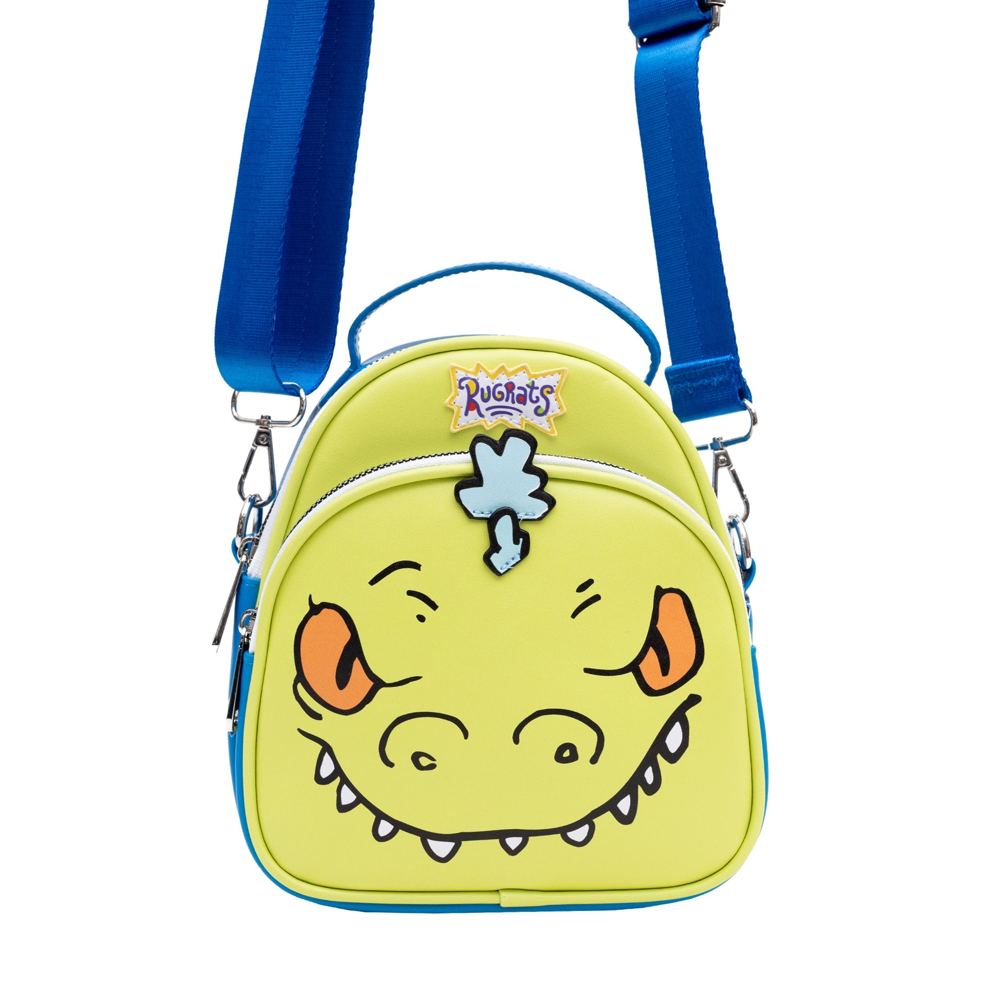 Nickelodeon Vegan Leather Cross Body Bag, Rugrats Reptar Character Close Up Applique with Rawr Text