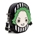 Load image into Gallery viewer, Horror Movies Vegan Leather Cross Body Bag with Adjustable Strap, Beetlejuice Smiling Chibi Face Applique, Stripe Black White, 7" x 8"
