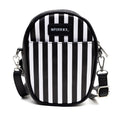 Load image into Gallery viewer, Horror Movies Vegan Leather Cross Body Bag with Adjustable Strap, Beetlejuice Smiling Chibi Face Applique, Stripe Black White, 7" x 8"
