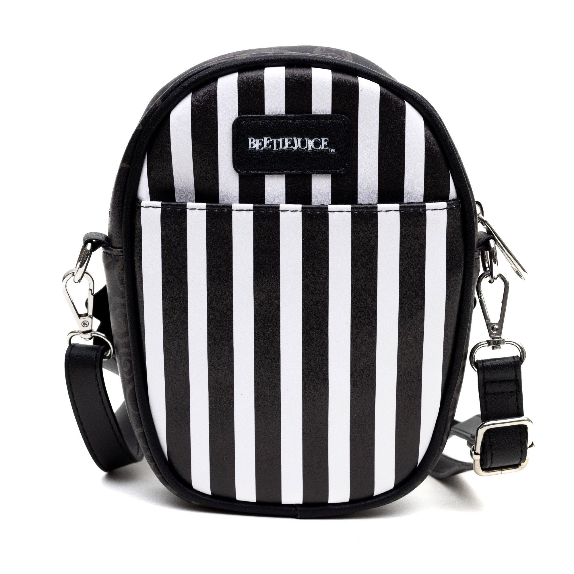 Horror Movies Vegan Leather Cross Body Bag with Adjustable Strap, Beetlejuice Smiling Chibi Face Applique, Stripe Black White, 7" x 8"