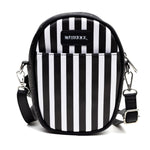 Horror Movies Vegan Leather Cross Body Bag with Adjustable Strap, Beetlejuice Smiling Chibi Face Applique, Stripe Black White, 7