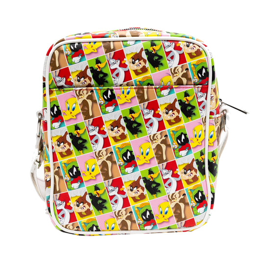 Looney Tunes Vegan Leather Crossbody Bag with Front and Back Zip Pocket, Looney Tunes Bullseye Group Pose and Character Block Poses, 8.5" x 10.0"